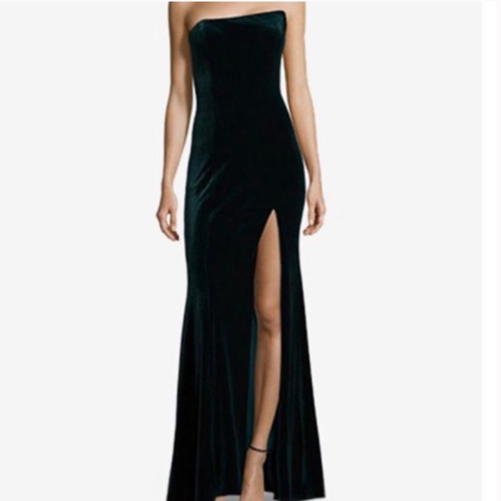 Betsy & Adam- EMERALD Green Velvet Asymmetric Strapless Dress w/slit- like new
